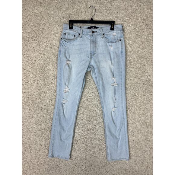 Hollister Jeans Mens 31x32 Light Wash Blue Denim Distressed Slim Straight Flex - Picture 1 of 10